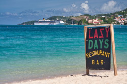 Grenada - Grand Anse Beach - Billboard and Cruise Ship