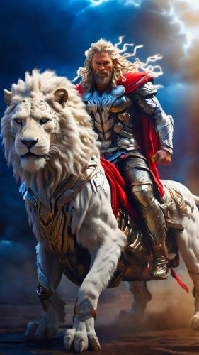 Thor riding a white Lion