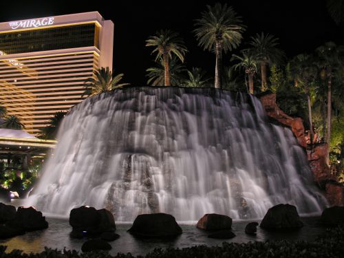 USA - Nevada - Las Vegas - Hotel The Mirage with Illuminated Waterfall at Night