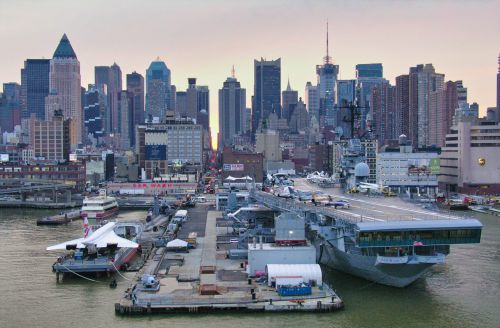 USA - New York - Manhattan - Skyline and Museum Aircraft Carrier at Sunrise